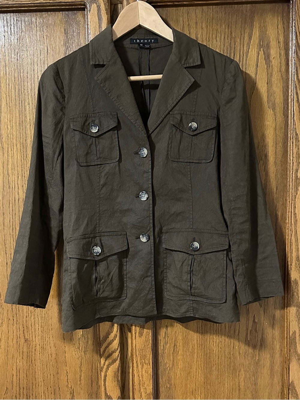 Theory Shelly Stretch Linen Military Safari Lightweight Blazer Jacket Brown 10